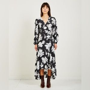 GANNI NWT kochhar silk v-neck midi wrap dress black white floral print 38/6